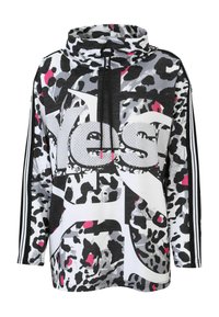 Langärmlige Kapuzenjacke mit Leopardenmuster in Schwarz, Weiß, Grau und Rosa, mit "Ja"-Text und schwarzen Kordeln am Kragen.