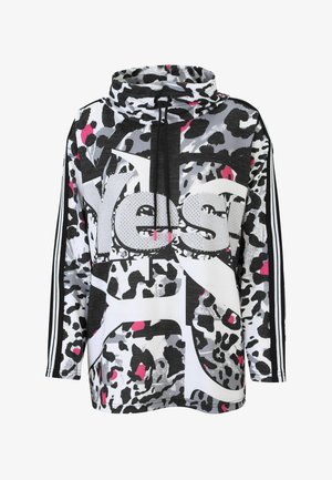 Langärmlige Kapuzenjacke mit Leopardenmuster in Schwarz, Weiß, Grau und Rosa, mit "Ja"-Text und schwarzen Kordeln am Kragen.