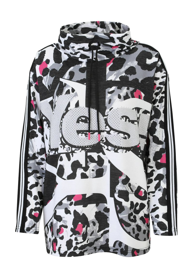 Langärmlige Kapuzenjacke mit Leopardenmuster in Schwarz, Weiß, Grau und Rosa, mit "Ja"-Text und schwarzen Kordeln am Kragen.