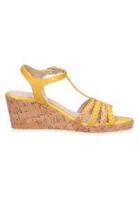 Yellow wedge sandal with cork platform sole, braided straps over toes, ankle strap with buckle, and white ridged outsole.