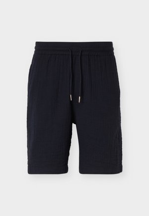Zwarte gestructureerde casual shorts met elastische tailleband en trekkoorden, kniehoogte, weergegeven op een effen lichte achtergrond.