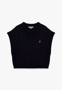 Marineblå strikket ærmeløs sweater med V-hals, prydet med et kabelstrikket mønster og et lille broderet bjørneaccent på brystet.