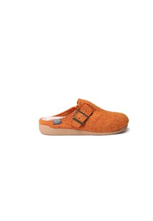 Orange felt clog with a buckle detail, rounded shape, and a tan rubber sole. The interior features a soft lining for comfort.