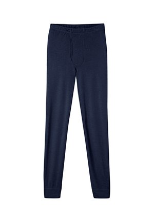 Pantalones térmicos largos azul marino con cintura elástica y refuerzo en la zona de la entrepierna, colocados planos sobre un fondo blanco.