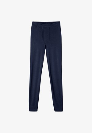 Pantalones térmicos largos azul marino con cintura elástica y refuerzo en la zona de la entrepierna, colocados planos sobre un fondo blanco.
