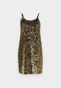 Vestido preto com alças finas, coberto de lantejoulas douradas e bronze, apresentando um corte justo e uma textura suave.