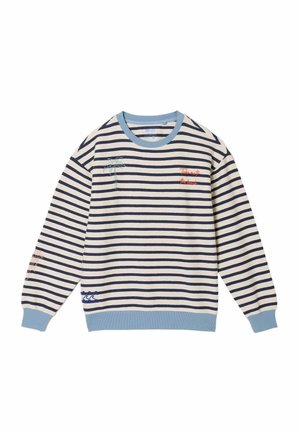 Langärmliger Pullover mit Rundhalsausschnitt, navyblauen und weißen horizontalen Streifen, hellblauen Bündchen und Kragen, Stickerei mit Palme und Welle sowie rotem Schriftzug.