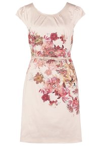 Robe fleurie en tissu beige clair, avec des manches courtes, un corsage ajusté et une ceinture à la taille. Motif floral aux tons roses et verts.