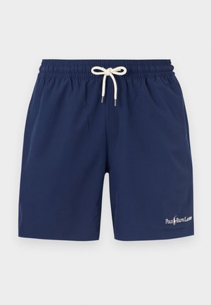 Costume da bagno blu navy con vita elastica, coulisse bianca e logo Polo Ralph Lauren sulla gamba sinistra.