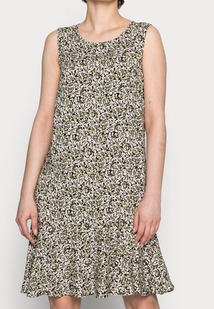 Robe sans manches longueur genou avec encolure arrondie, présentant un motif floral blanc et vert olive avec un ourlet volanté.