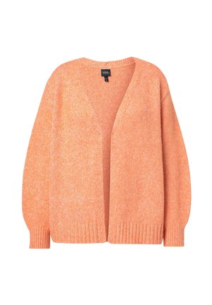 Miękki, otwarty pomarańczowy kardigan z dzianiny z długimi rękawami oraz prążkowanymi mankietami i krawędzią, zaprojektowany dla luźnego kroju.
