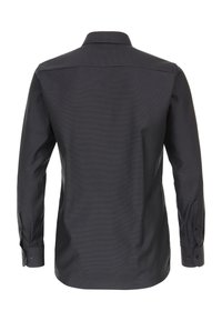 Dunkelgraues Langarmhemd mit strukturiertem Muster, geknöpften Manschetten und einem normalen Kragen; die Rückansicht zeigt eine glatte Oberfläche und ein strukturiertes Design.