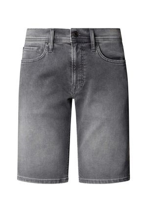 Pantalones cortos de mezclilla gris con botón frontal, trabillas para cinturón y diseño de cinco bolsillos, mostrados sobre un fondo blanco.