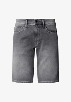 Graue Jeansshorts mit Knopfverschluss vorne, Gürtelschlaufen und Fünf-Taschen-Design, dargestellt auf weißem Hintergrund.