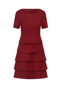 Rotes Kleid mit kurzen Ärmeln, das einen figurbetonten Oberteil und ein gestuftes Rockdesign hat. Aus glattem Stoff gefertigt, mit einem Reißverschluss auf der Rückseite.