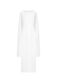 Witte midi-jurk met lange, vloeiende mouwen en ronde hals. Gladde stof, minimalistisch ontwerp en een verborgen ritssluiting aan de achterkant.