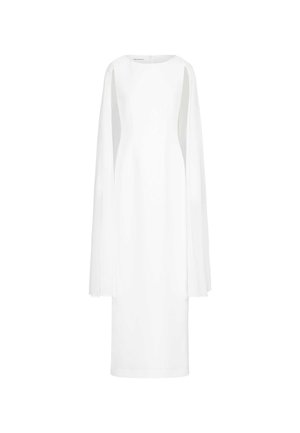 Robe midi blanche avec de longues manches fluides et un col rond. Tissu lisse, design minimaliste et fermeture éclair dissimulée au dos.