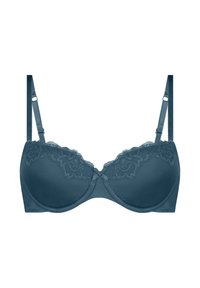 Teal gevoerde bh met kantdetails langs de bovenrand, verstelbare bandjes en onderbroken ondersteuning voor vorm en comfort.