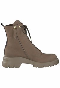 Braune Leder-Ankle-Boots mit dicker Sohle, goldenen Beschlägen, Reißverschluss an der Seite und schwarzen Schnürsenkeln. Glatte Textur und schlankes Design.