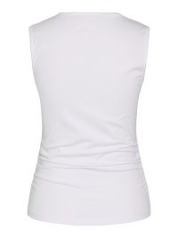 Λευκό αθλητικό τοπ χωρίς μανίκια με ελαφριά ρυτίδωση στη μέση και μικρό, διακριτικό λογότυπο κοντά στο πάνω μέρος της πλάτης.
