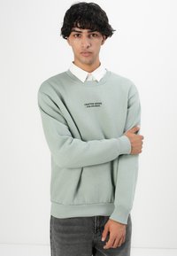 Jonge man met donker, krullend haar, in een lichtgroene sweatshirt over een witte overhemd, staande tegen een effen witte achtergrond.