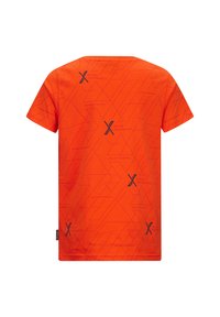 Korte mouw oranje t-shirt van zacht materiaal, met een geometrisch patroon met zwarte accenten en tekst voor branding en prestaties.