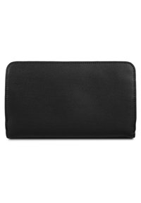 Portafoglio nero in morbida finta pelle con forma rettangolare, bordi arrotondati e cuciture lungo le giunture. Nessun hardware visibile.