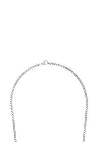 Collana in metallo argento con design a maglia e chiusura a moschettone. Finitura liscia con una texture lucida.