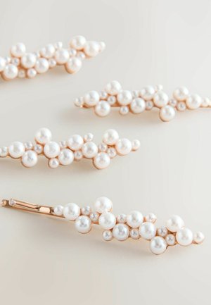 Set of four hair clips featuring a gold-tone base adorned with clusters of varying sizes of white pearls, creating a textured, organic shape.