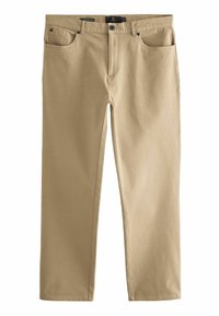 Beżowe bawełniane spodnie o prostym kroju, z pięcioma kieszeniami i standardowym paskiem z detalami z metalowych elementów.