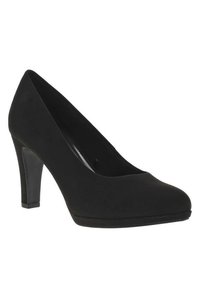 Escarpin noir à talon haut avec une finition lisse et mate. Bout arrondi et un talon robuste et effilé. Design simple sans ornements.