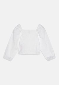Top bianco a maniche lunghe con scollatura quadrata, maniche a sbuffo e ricamo ad occhio. Corpo texturizzato con dettagli arricciati.