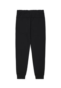 Pantalones de chándal negros con cinturilla elástica, piernas ajustadas y puños acanalados. Hechos de un material suave y elástico sin patrones ni adornos.