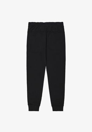 Pantaloni sportivi neri con vita elasticizzata, gambe affusolate e polsini a costine. Realizzati in materiale liscio e elasticizzato, senza motivi o accenti.