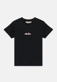 Svart bomull t-skjorte med kort erm, med et lite logo som inkluderer hvit tekst og rød aksent, rund hals, og rett hem.