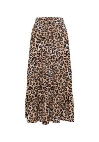 Longue jupe beige avec volants à étages et motif léopard noir et marron, avec une taille à cordon.