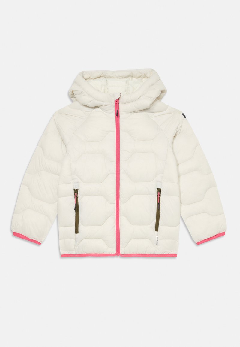 Chaqueta con capucha y acolchada en color blanco roto con cremalleras y acentos rosas. Presenta dos bolsillos frontales y un patrón de acolchado hexagonal.