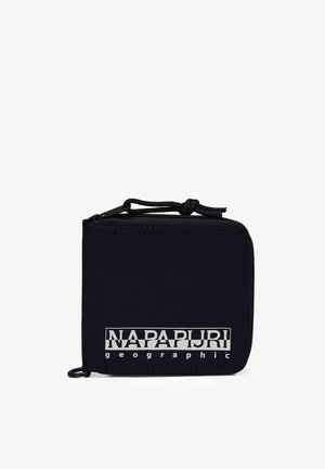 Porte-monnaie zippé en tissu noir avec un extérieur texturé, arborant un logo argenté "NAPAPIJRI geographic" à l'avant et un tirette de fermeture éclair.