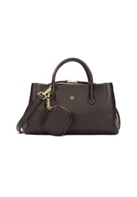 Borsa a mano in pelle marrone scuro con superficie testurizzata, doppio manico, tracolla rimovibile e accessori in tono oro, inclusa una piccola busta. 