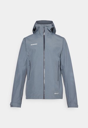 Grijze waterdichte jas met een ritssluiting aan de voorkant, verstelbare capuchon en twee zijzakken. Beschikt over een gladde textuur en versterkte naden.