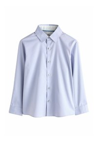 Camisa de manga larga color azul claro con cuello y seis botones frontales, con un forro interno estampado en el escote.