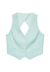 Chaleco verde menta con un escote en V profundo, cuatro botones frontales y bolsillos laterales. Hecho de una tela suave con un diseño limpio y ajustado.