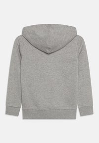 Felpa grigia in cotone con tasca a marsupio, polsini a costine e cappuccio con coulisse. Tessuto liscio con un design classico da pullover.