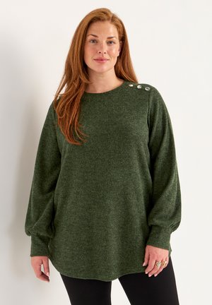 Green knit sweater with a round neckline, long sleeves, and three decorative buttons on the shoulder. Soft texture and relaxed fit.