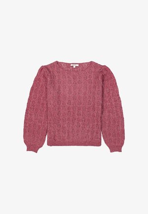 Knit sweater in dusty rose with a textured lace pattern, round neckline, and long balloon sleeves. Ribbed hem and cuffs.
