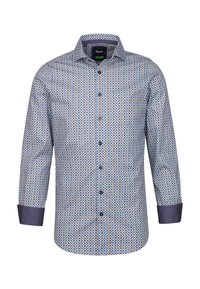 Camicia con bottoni in tessuto a motivi geometrici azzurri, maniche lunghe, polsini blu scuro a contrasto e colletto button-down.