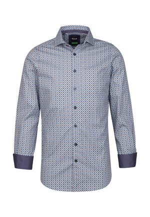 Kariertes Hemd mit leichtem blauem geometrischem Muster, langen Ärmeln, kontrastierenden dunkelblauen Manschetten und einem button-down Kragen.