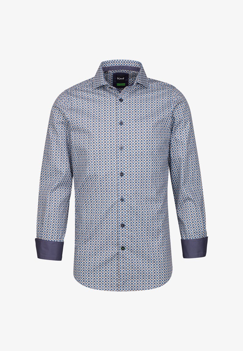 Camicia con bottoni in tessuto a motivi geometrici azzurri, maniche lunghe, polsini blu scuro a contrasto e colletto button-down.