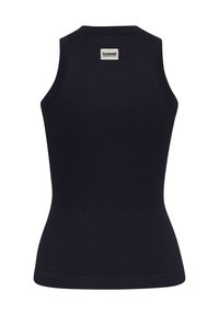Top senza maniche blu navy realizzato in tessuto a costine, con scollatura rotonda e una piccola etichetta sul retro con il testo "hummel PERFORMANCE".