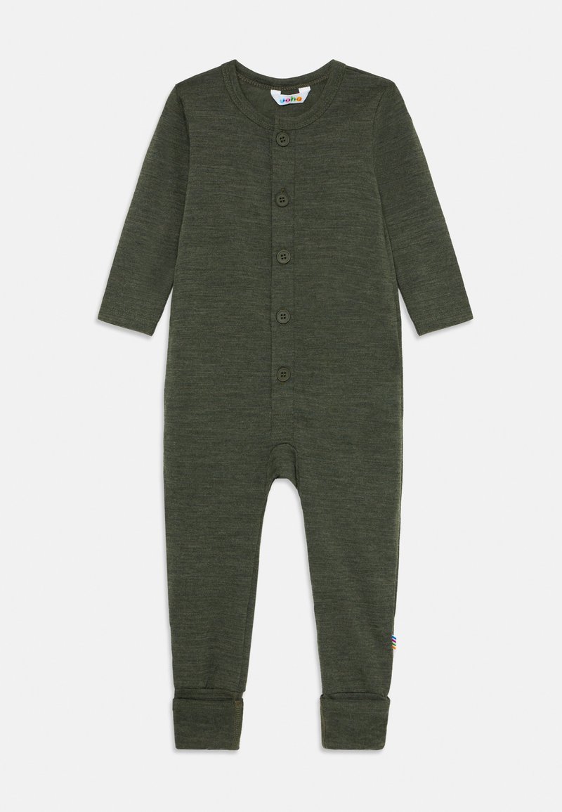 Myk oliven grønn langermet baby romper med frontknapper og brettbare mansjetter, strikket av lett stoff.